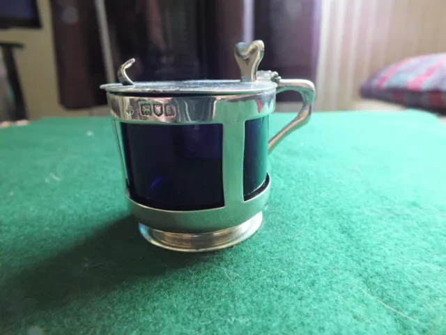 Antique Edwardian Solid Silver & Blue Glass Mustard Pot 1904