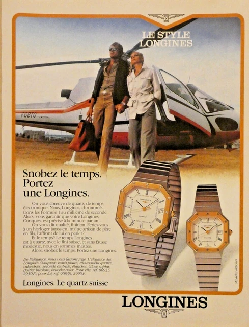 PUBLICITÉ DE PRESSE 1980 MONTRE LONGINES LE QUARTZ SUISSE - hélicoptère