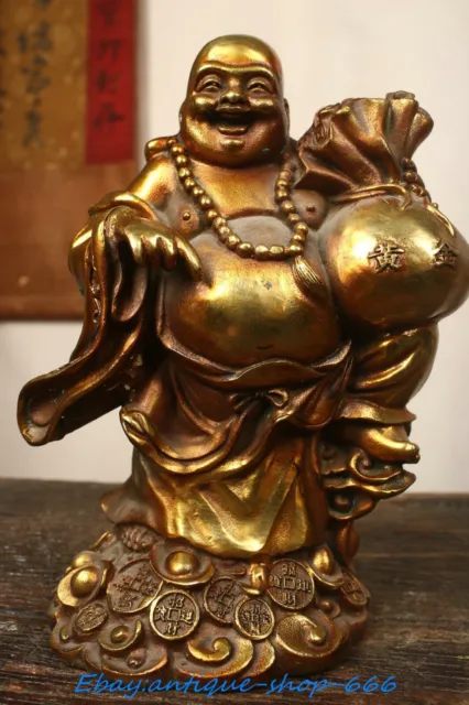 Chinese Bronze Gilt Yuanbao Wealth Coin Money Happy Laugh Maitreya Buddha Statue