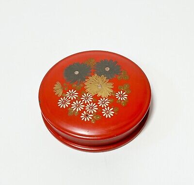 Red Lacquered Round 4”D Trinket Box W/ Mums & Daisies Japanese 1950s