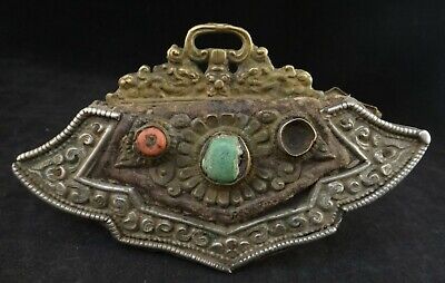 Antique Tibetan Hand Tooled flint carrying pouch. Coral/Turquoise stones. 19th c