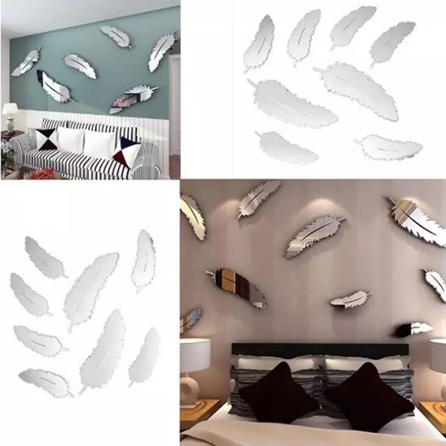 Creative 8pcs Feather Design 3D Mirror Craft Kitchen Home Decor Wall Stickers LG 3