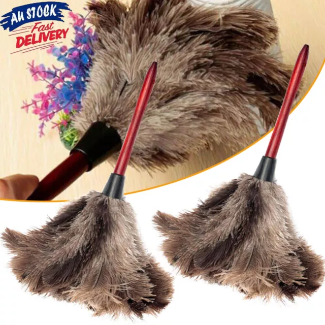 2PCS Anti Static Genuine Ostrich Feather Duster Wooden Handle Brush Clean Tool