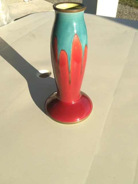 Ancien vase art nouveau grès Sarreguemines rouge bleu et jaune, laiton 3