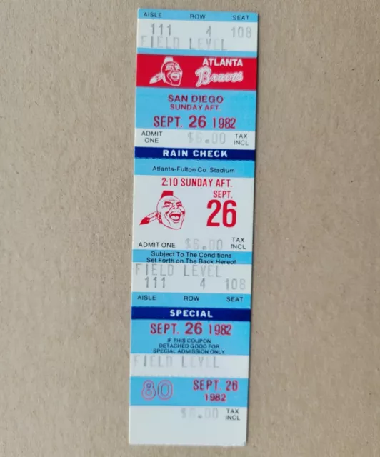 San Diego Padres at Atlanta Braves Ticket September 26, 1982 Tony Gwynn