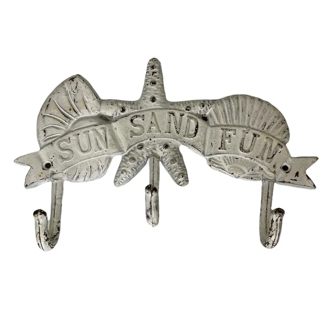 Sun Sand Fun Cast Iron Wall Coat Key 3 Hooks Beach Shell Starfish Metal Chippy