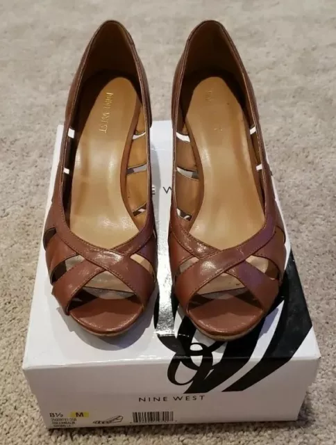 Nine West Jumbalia Tan Brown Leather Cork Wedge Peep Toe Sandals Size 8.5M W/Box 2