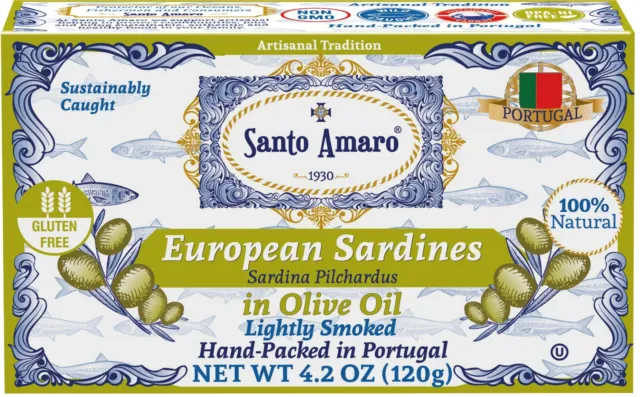 12 Pack Santo Amaro European Wild Sardines in Olive Oil Lightly Smoked (120g/un)