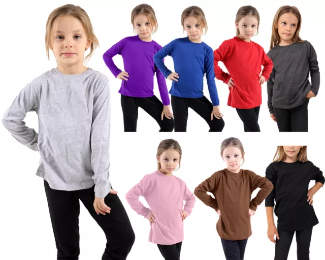 Girls Plain Top Kids Boys Long Sleeve Tee T Shirt Fit Pe Tops Vest Crew Neck