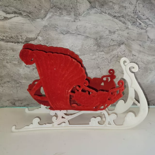 Vintage Fuzzy Red Velvet Flocked Sleigh w/White Detailed Plastic Runners 9" 2