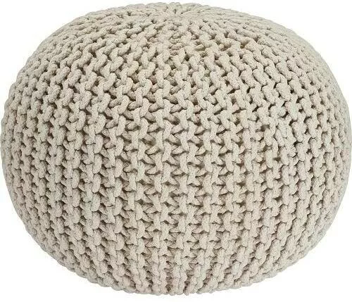 Knitted Moroccan Large Round Handmade Chunky Pouffe 50Cm Foot Stool Cream