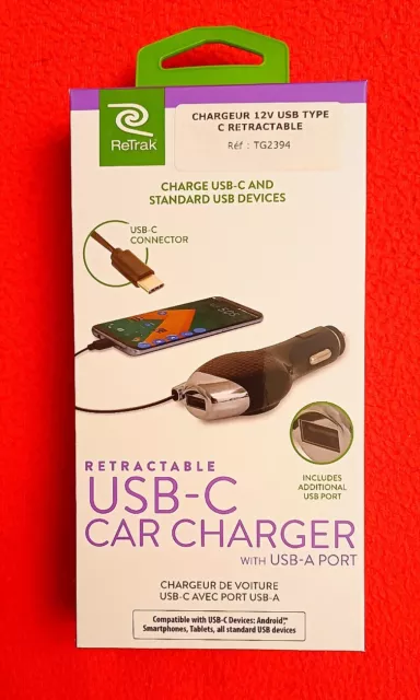 Chargeur de voiture à câble rétractable USB-C + USB-A