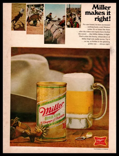 1968 Miller High Life Beer Can Rodeo Cowboy Hat Spurs Roper Bull Rider  Print Ad