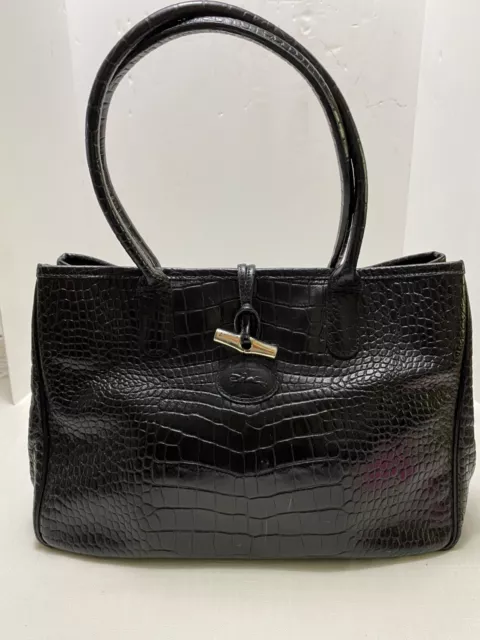 Longchamp Roseau Black Croc Embossed Leather 14x9" Handbag Tote Butterfly Lining