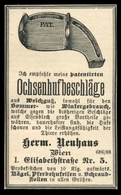Alte Reklame Werbung 1887 Ochsenhuf-Beschläge Hermann Neuhaus Wien