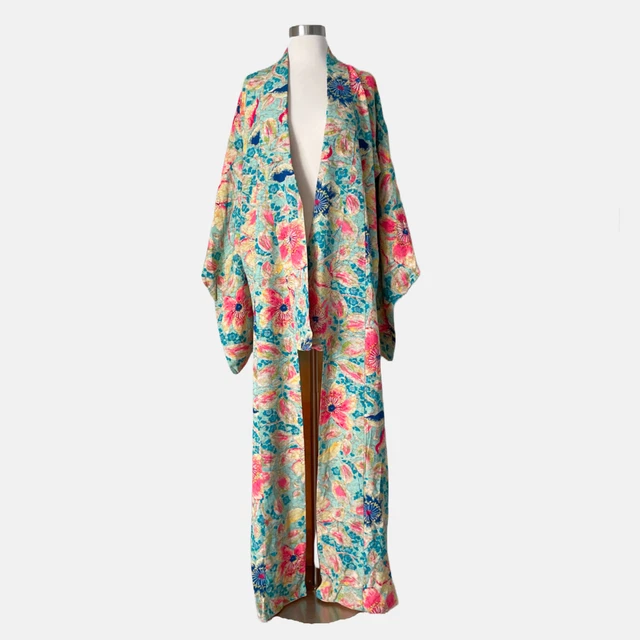 Vintage Japanese Kimono Robe Floral Pink Blue Bow