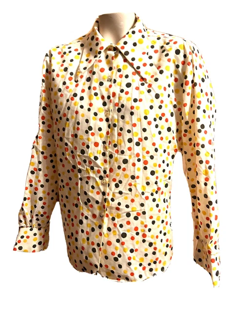 VINTAGE POLKA DOT 1979s  BLOUSE Blue Red Yellow White Cotton Long Point Collar M
