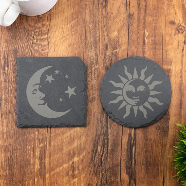 Sun and Moon Slate Coaster Laser Engraved Shabby Chic Coffee Tea Gift