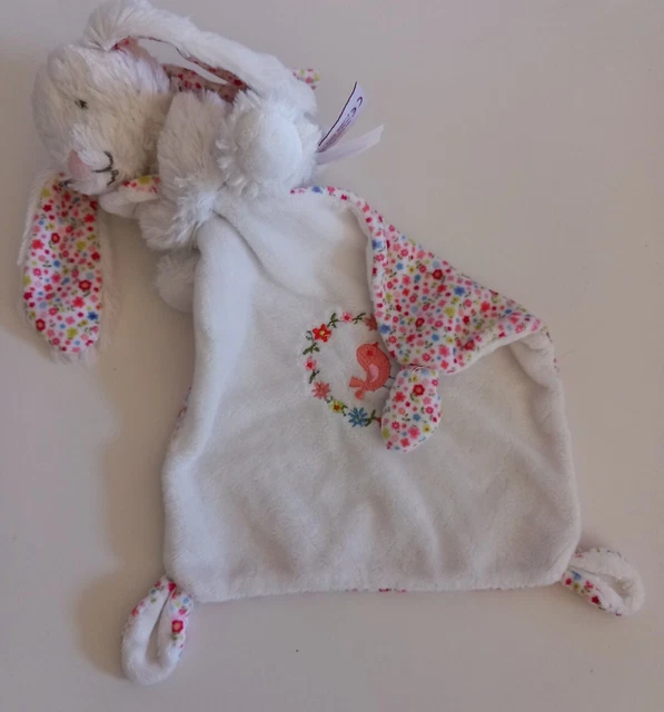 Doudou Lapin Blanc Mouchoir Pommette Fleurs Oiseau