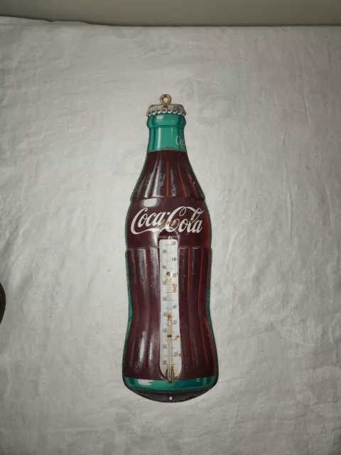 Vintage 1950s Coca-Cola Tin Bottle Thermometer Advertising Sign Robertson USA