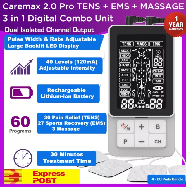 TENS Machine EMS 3 in 1 Combo Unit Pain Relief Massager LED w/Extra Pad Bundles