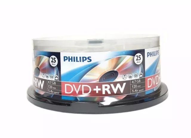 25 PHILIPS 4X DVD+RW DVDRW ReWritable Branded Logo 4.7GB Blank Disc