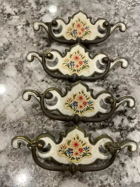 4 Vintage Porcelain Painted French Provincial Country Drawer Pulls Handles