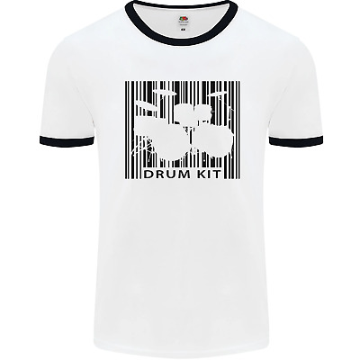 Drum Kit Barcode Drummer Drumming Mens White Ringer T-Shirt