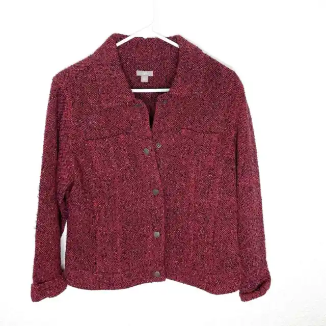 J Jill Wool Blend Tweed Snap Front Red Black Jacket Womens size medium