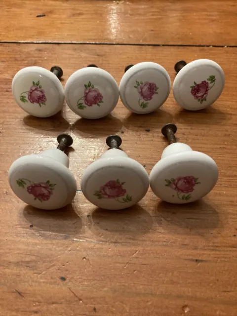 7 Vintage Porcelain Knobs Pulls Drawer Cabinet Door White Pink Rose Flower 1.5"