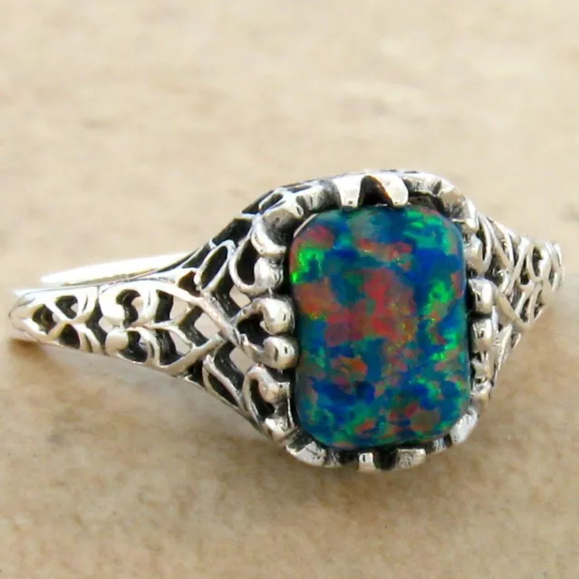 Classic Victorian Style 925 Sterling Silver Lab-Created Black Opal Ring     693X