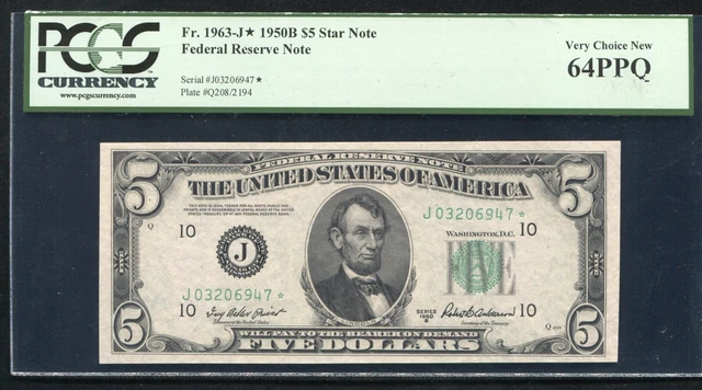Fr. 1963-J* 1950-B $5 *Star* Federal Reserve Note Kansas City, Mo Pcgs Unc-64Ppq