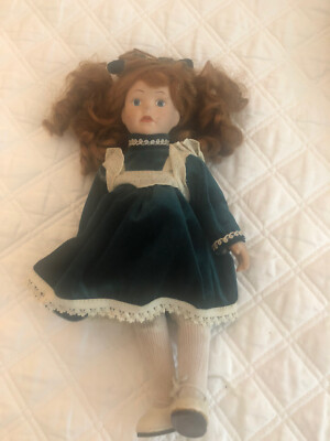 Wangs International Porcelain Doll Red Hair Blue Eyes Red White Dress 1991 10"