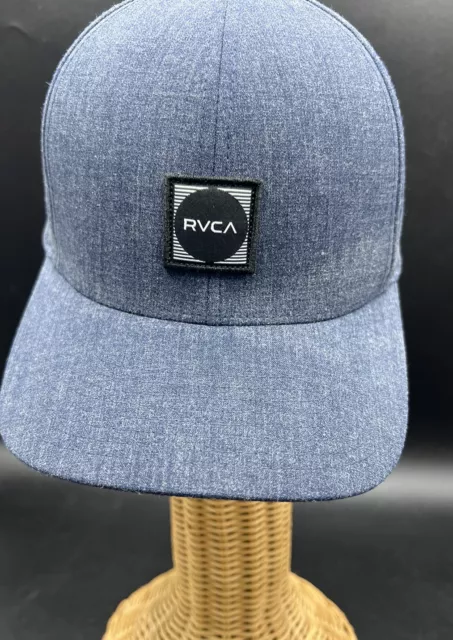 RVCA VA Trucker Hat Blue Denim Flexfit Black Logo Mid Fit