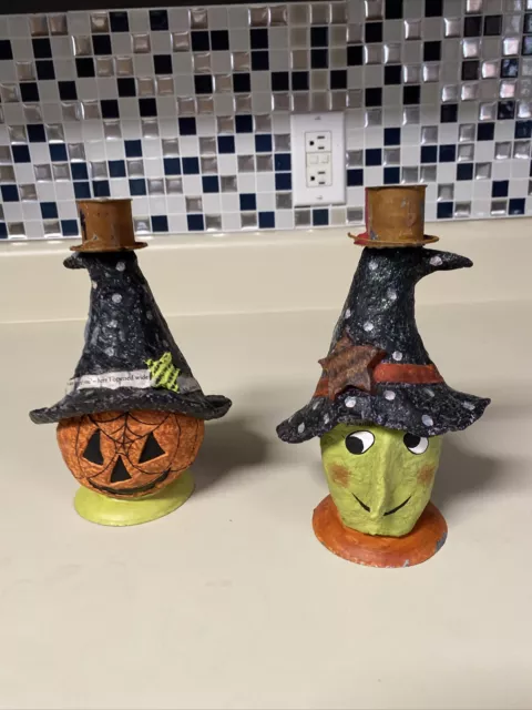 Vtg small paper mache jack o' lantern & Witch with candle hat neat face detail