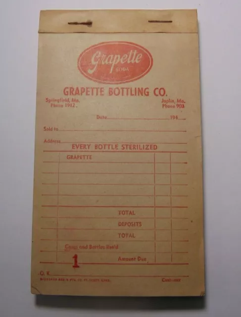 Vintage 1940s Grapette Bottling Company Receipt Book Springfield Missouri Joplin