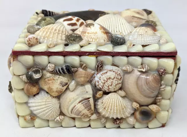 VTG Nautical Ocean Sailors Valentine Sea Shell Folk Art Jewelry Trinket Box RJ22