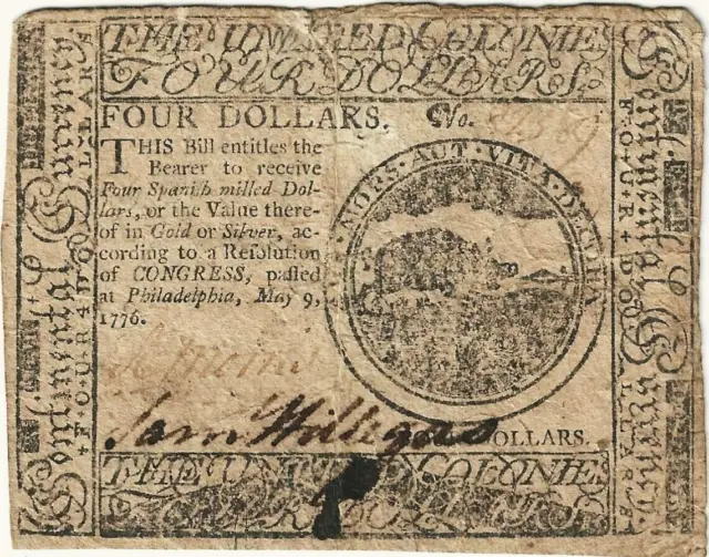 1776 $4 Continental Currency Note ~ May 9, 1776 Issue ~ Nice Sharp Very Fine