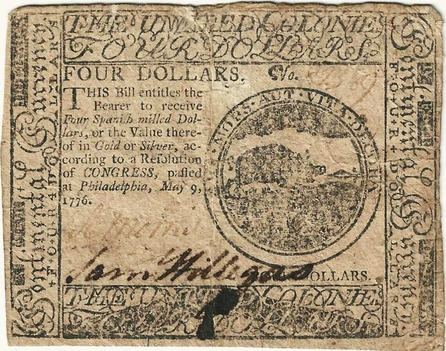 1776 $4 Continental Currency Note ~ May 9, 1776 Issue ~ Nice Sharp Very Fine