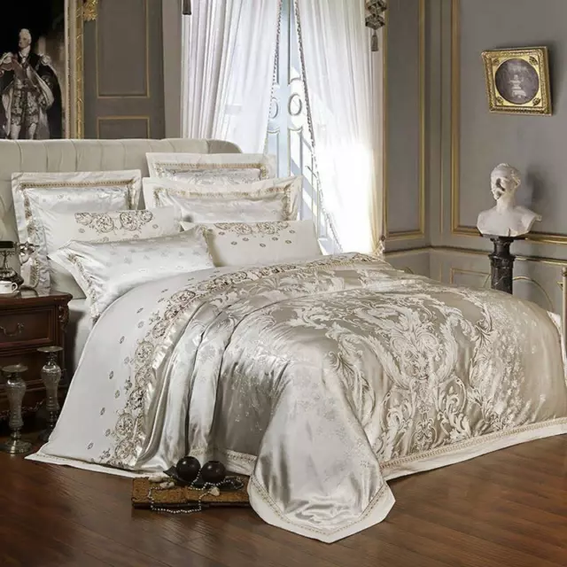 Luxury Silk Satin Jacquard Duvet Cover Bedding Set Queen King Size Embroidery