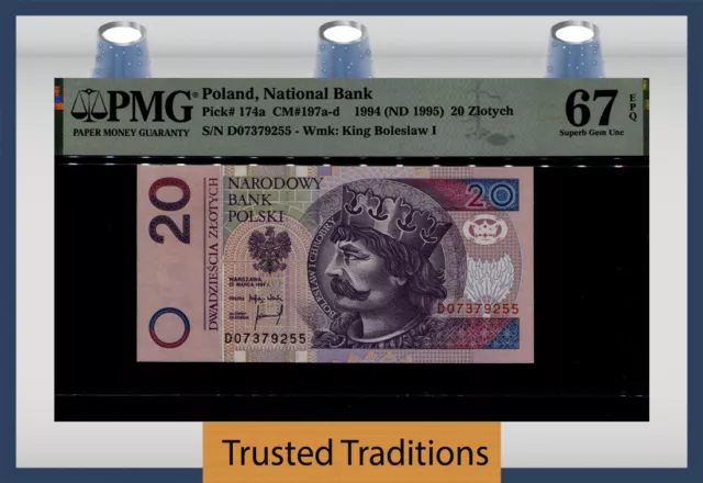 TT PK 174c 1994 POLAND NATIONAL BANK 20 ZLOTYCH PMG 67 EPQ SUPERB GEM UNC