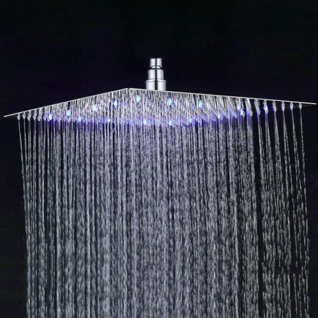 12" LED Rainfall Shower Head Square Brushed Nickel Ultra Thin Stainless Steel