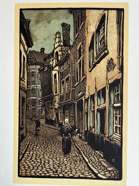 Edward Pellens woodcut woodcut Rue Pont Aux Anguilles Antwerp Belgium