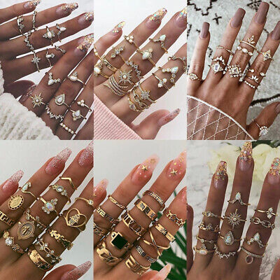 Women Vintage Star Knuckle Rings BOHO Crystal Geometric Finger Rings Set Jewelry