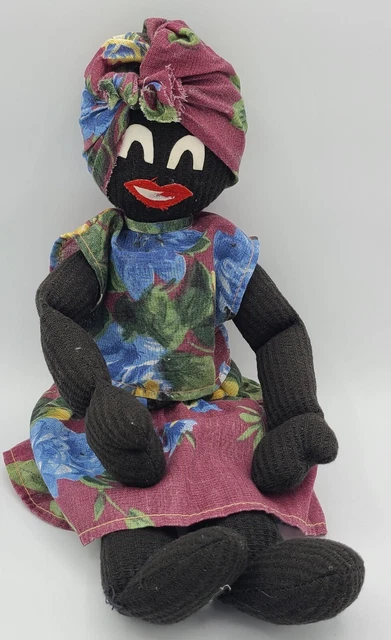 Vtg African American Rag Doll Handmade Folk Art Primitive Cloth Floral Dress 15"