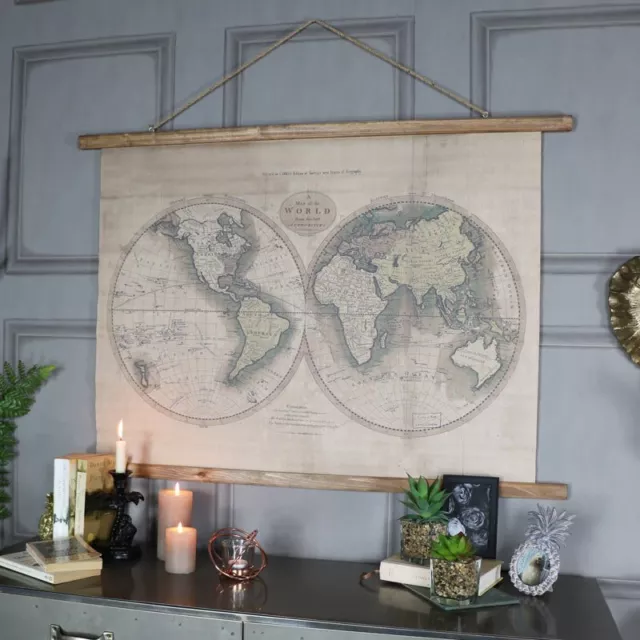 Large Rustic World Map Hanging Canvas Print farmhouse wall art decor vintage