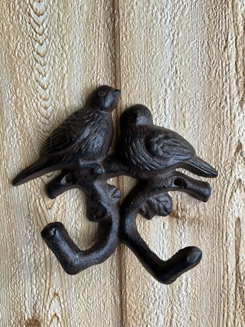 Perched Birds Branch Double Wall Hook Cast Iron Key Towel Coat Hanger Brown