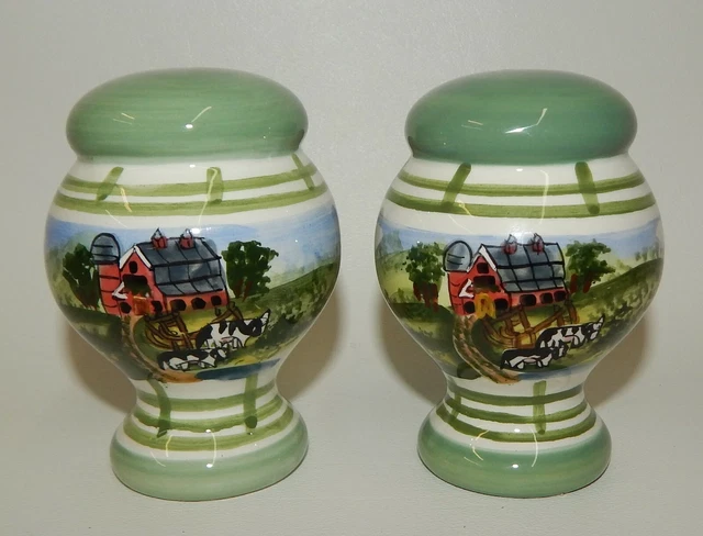 Large Hand-Painted Barn Cows Farm Scene Salt & Pepper Shakers EUC NWT