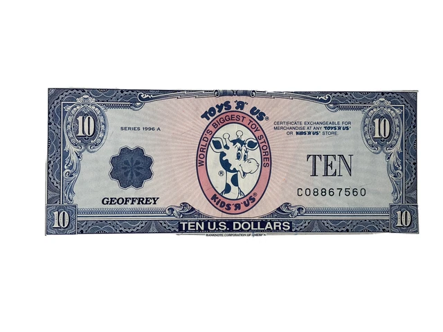 Geoffrey Money $10 Dollar Vintage 1996 Series Toys R Us Gift Certificate KRU TEN