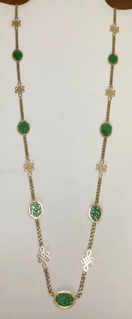 VTG 14K Solid Yellow Gold Link Chain with Carved Jade Links 32”